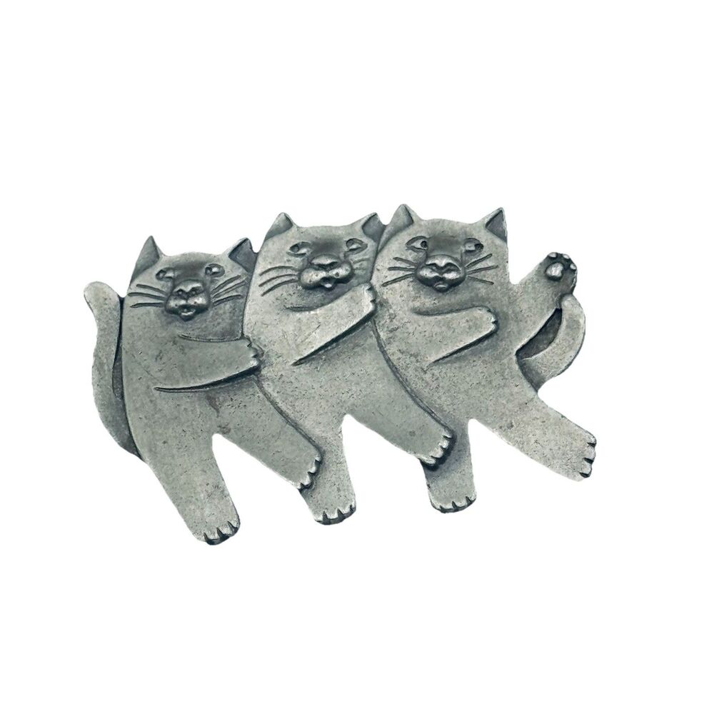 Vintage 3 Dancing Cats Brooch / Pin Pewter Signed Mali